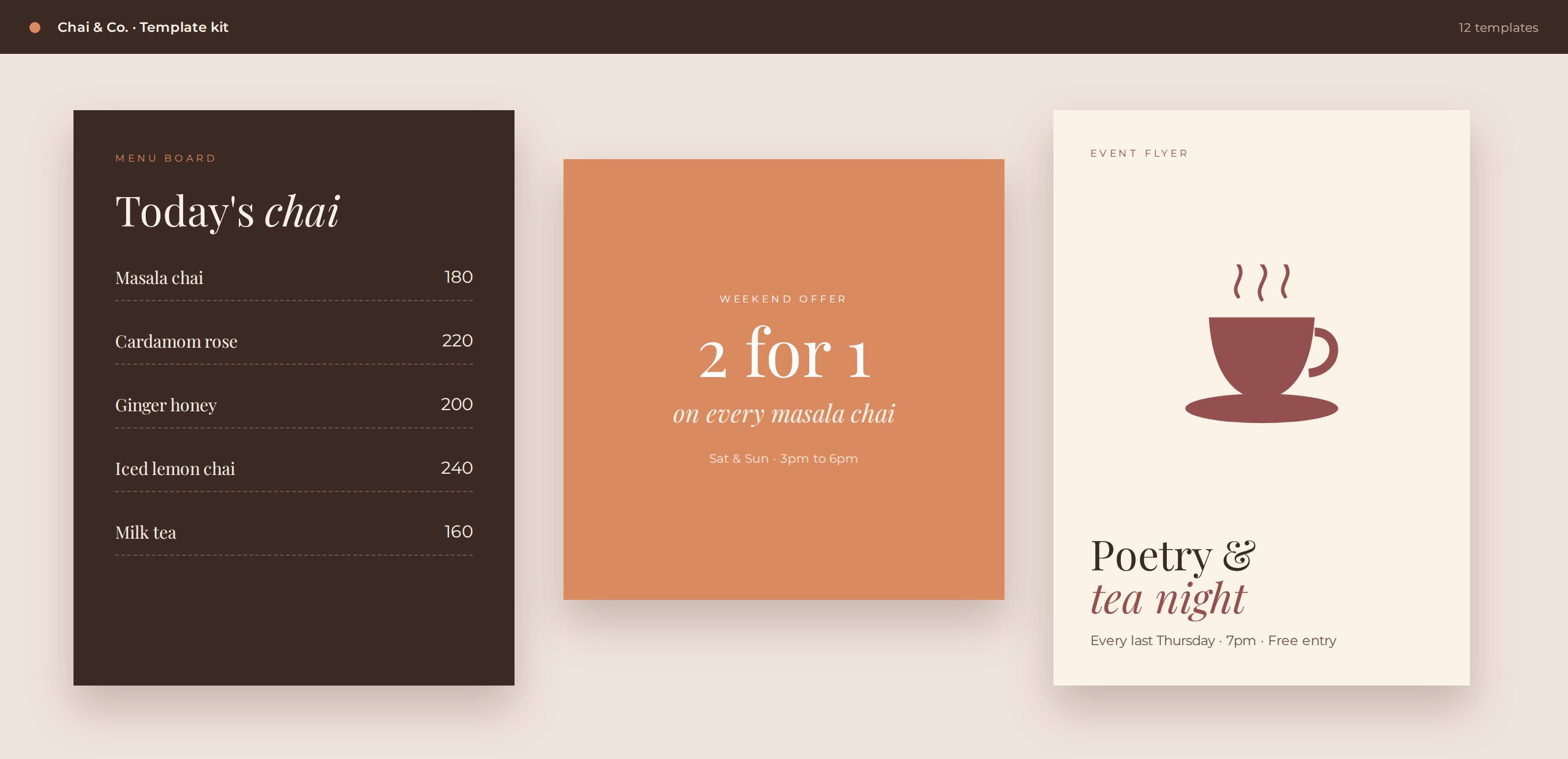 Chai & Co. Launch Kit: Editable template kit for offers, menus and events.