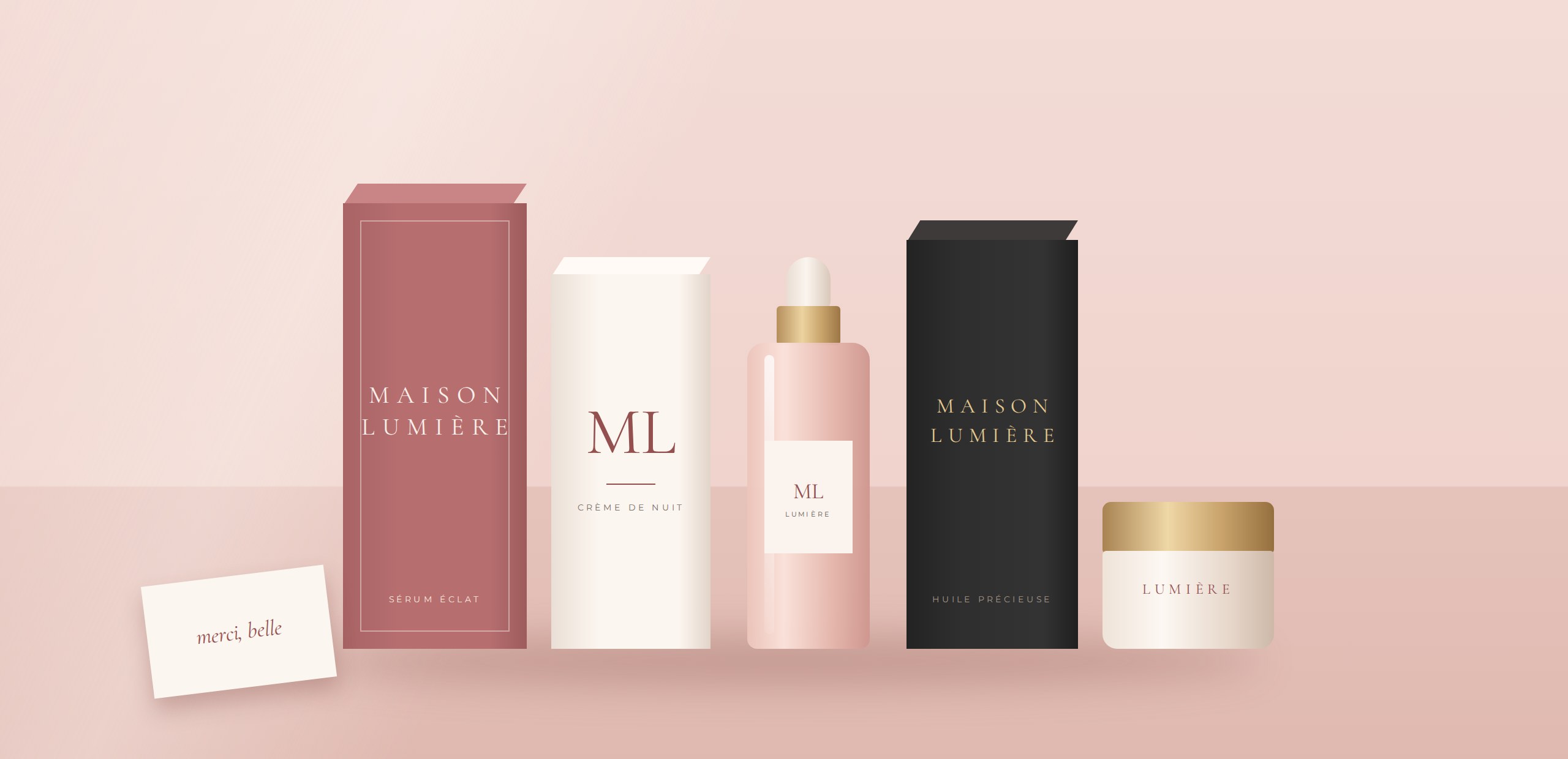 Maison Lumiere packaging range: boxes, dropper bottle and cream jar