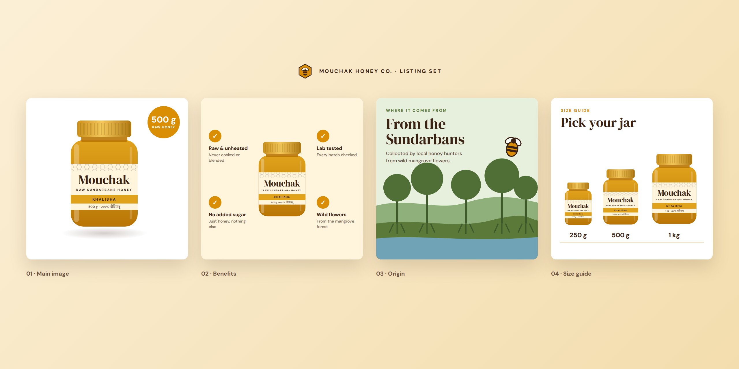 Mouchak Honey: Listing set: main image, benefits, origin and size guide.