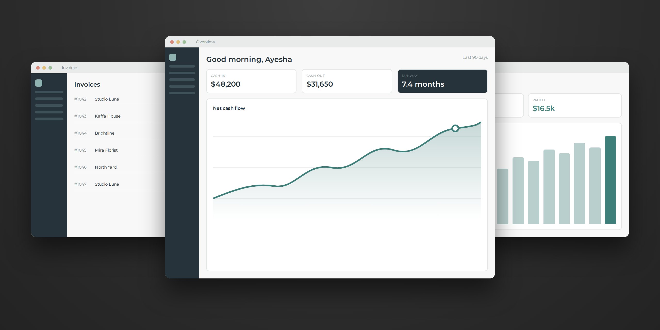 Nord Finance Dashboard: Overview, invoices and reports screens.