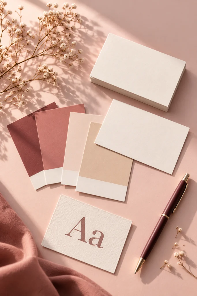 Brand identity flat lay with swatches and an Aa type card on blush pink