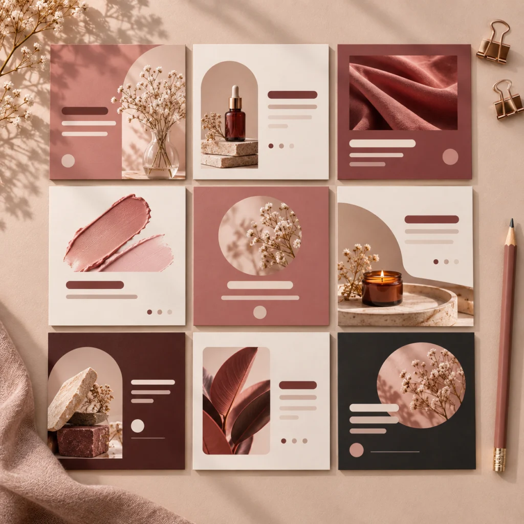 Grid of printed social media posts on warm beige