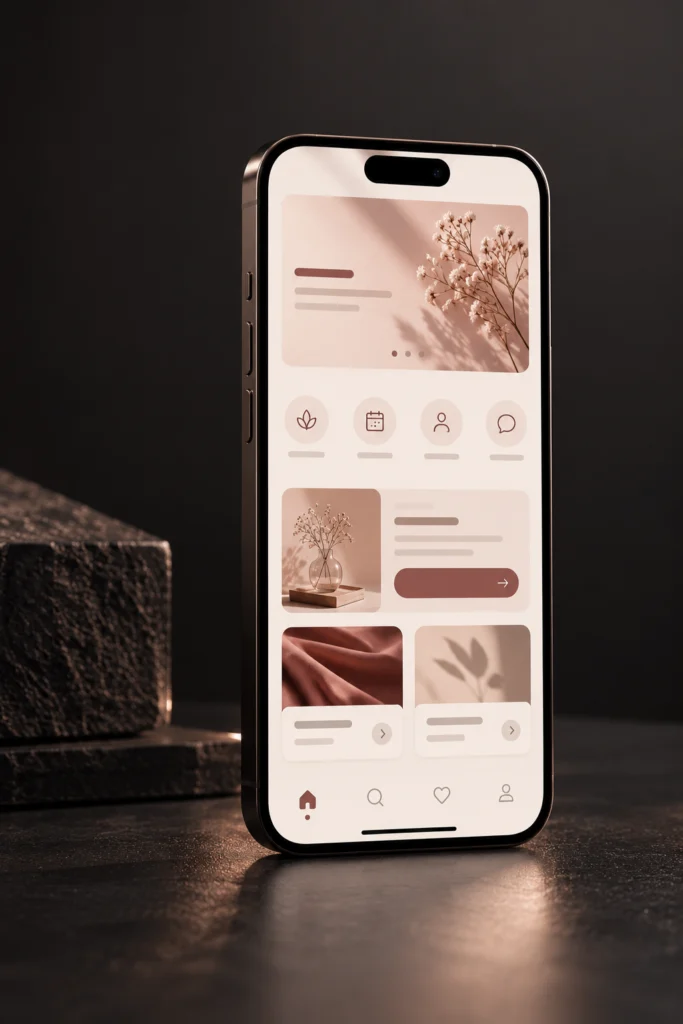 Smartphone showing a clean mobile app interface on charcoal