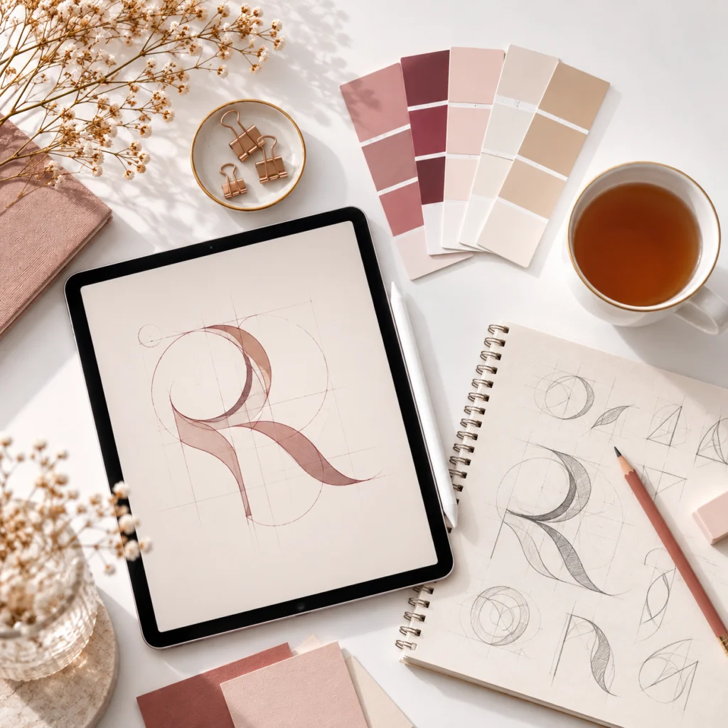 Graphic designer desk with tablet, colour swatches and tea on white