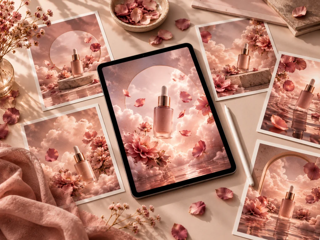 AI-assisted campaign visuals for a skincare product shown on a tablet and prints