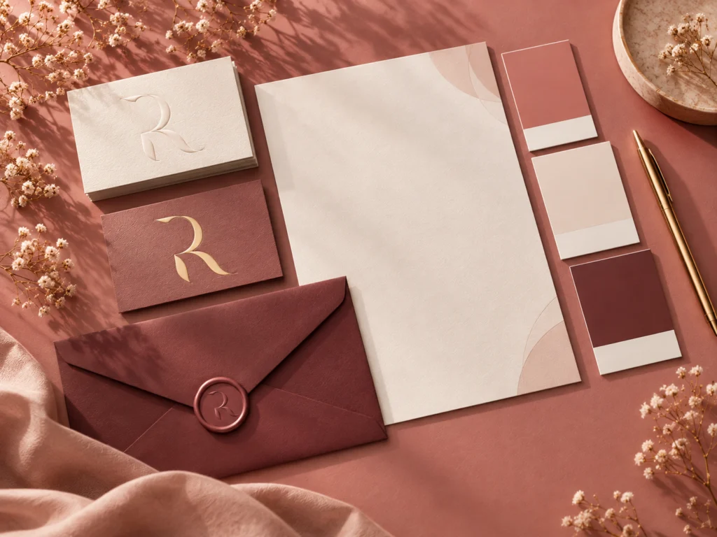 Brand identity stationery with business card, letterhead and wax-sealed envelope on dusty rose