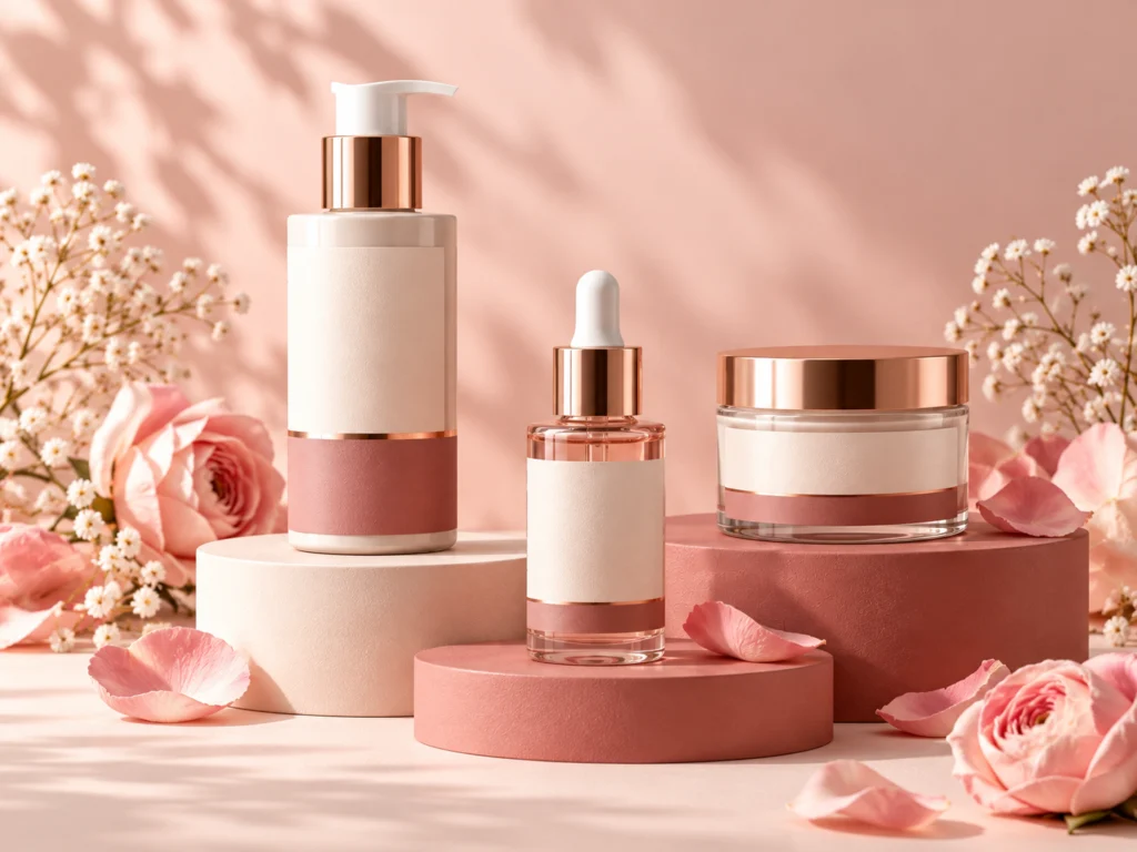 E-commerce product images of skincare bottles on rose podiums