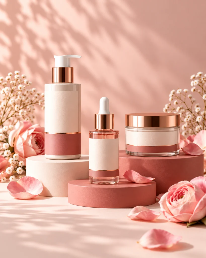 E-commerce product images of skincare bottles on rose podiums