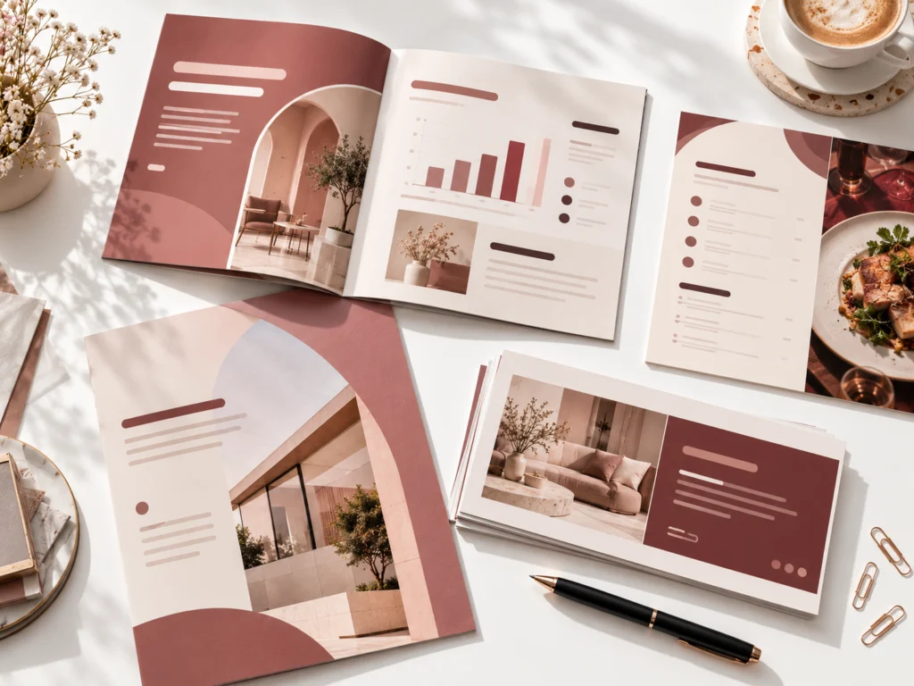 Printed presentation booklet, brochure and menu designs on white