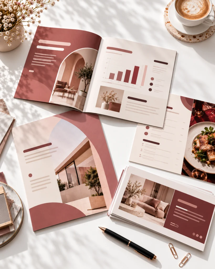 Printed presentation booklet, brochure and menu designs on white