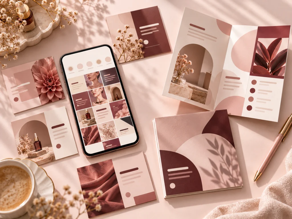 Social media post designs and printed flyers around a phone on blush pink