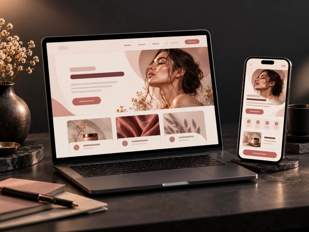 Website and mobile app interface designs on a laptop and phone