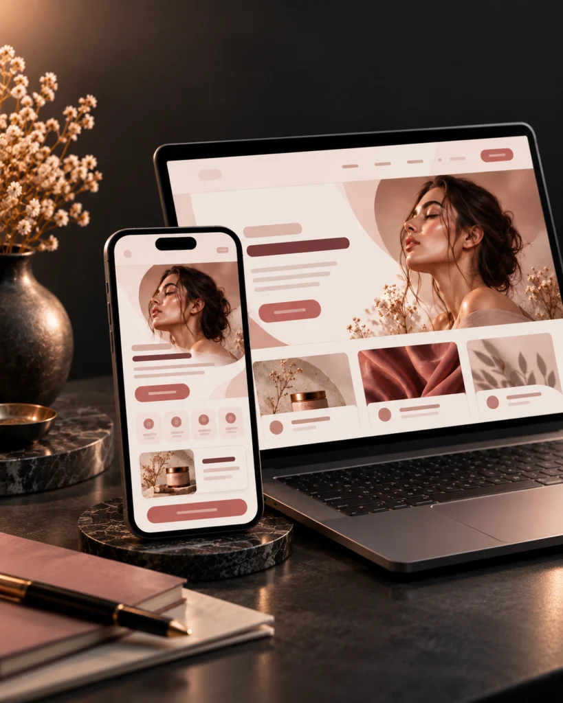 Website and mobile app interface designs on a laptop and phone