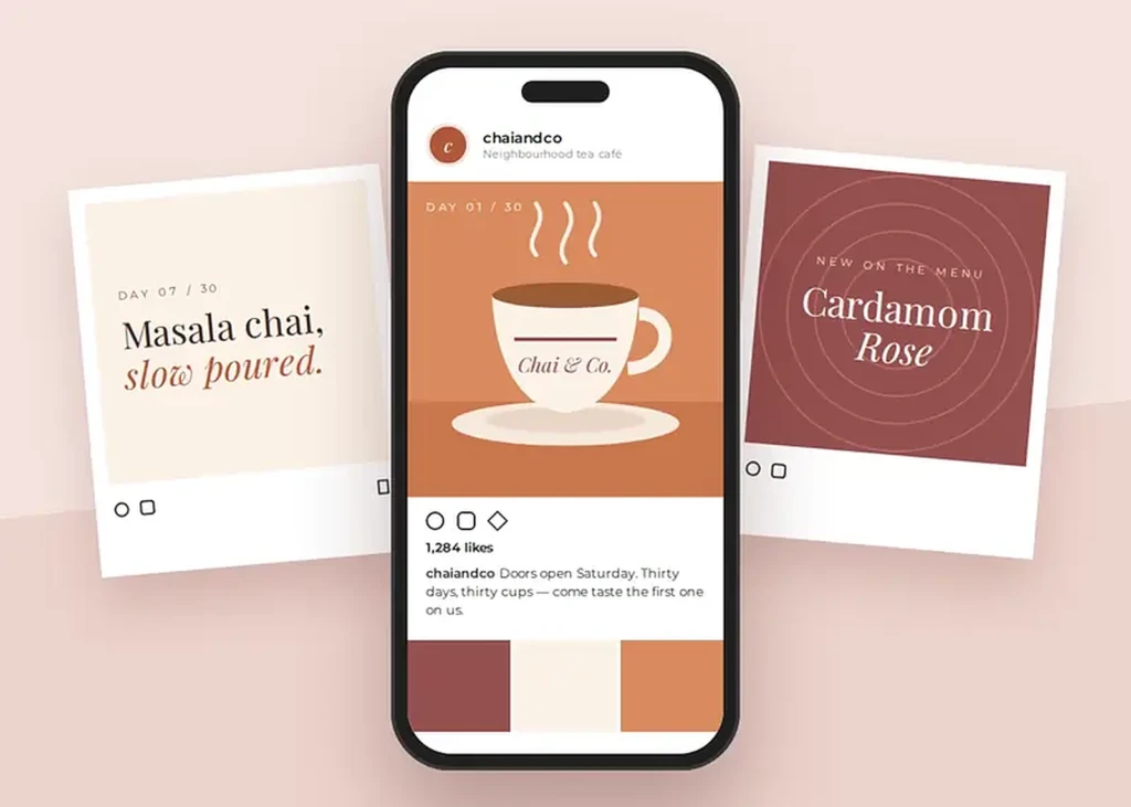 Chai & Co. Instagram launch posts shown on a phone and two printed posts