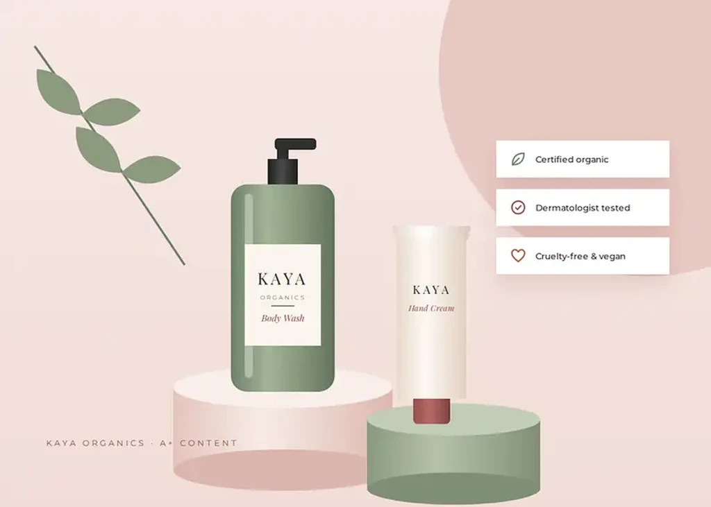 Kaya Organics body wash and hand cream on podiums with product benefit callouts