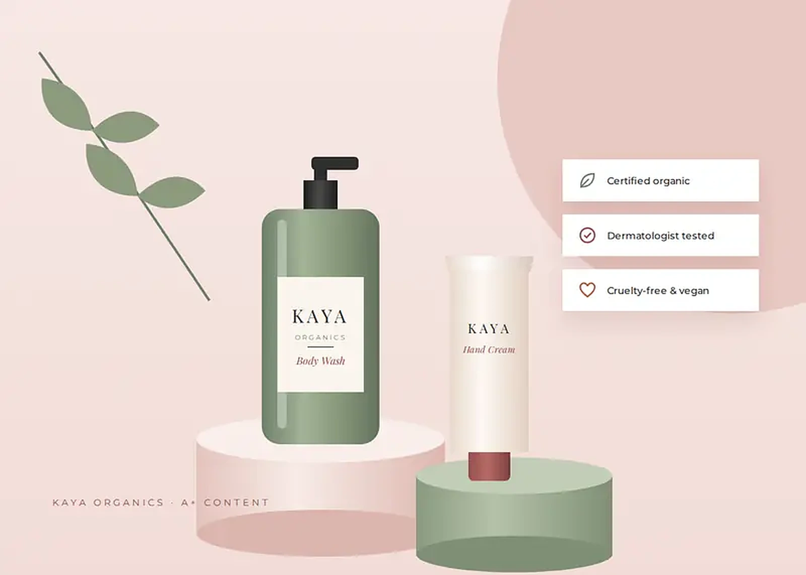 Kaya Organics body wash and hand cream on podiums with product benefit callouts