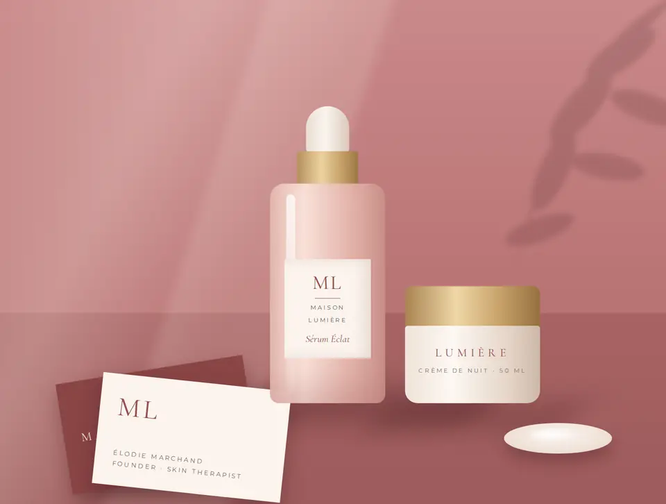 Maison Lumiere serum bottle, night cream jar and business cards on a dusty-rose surface