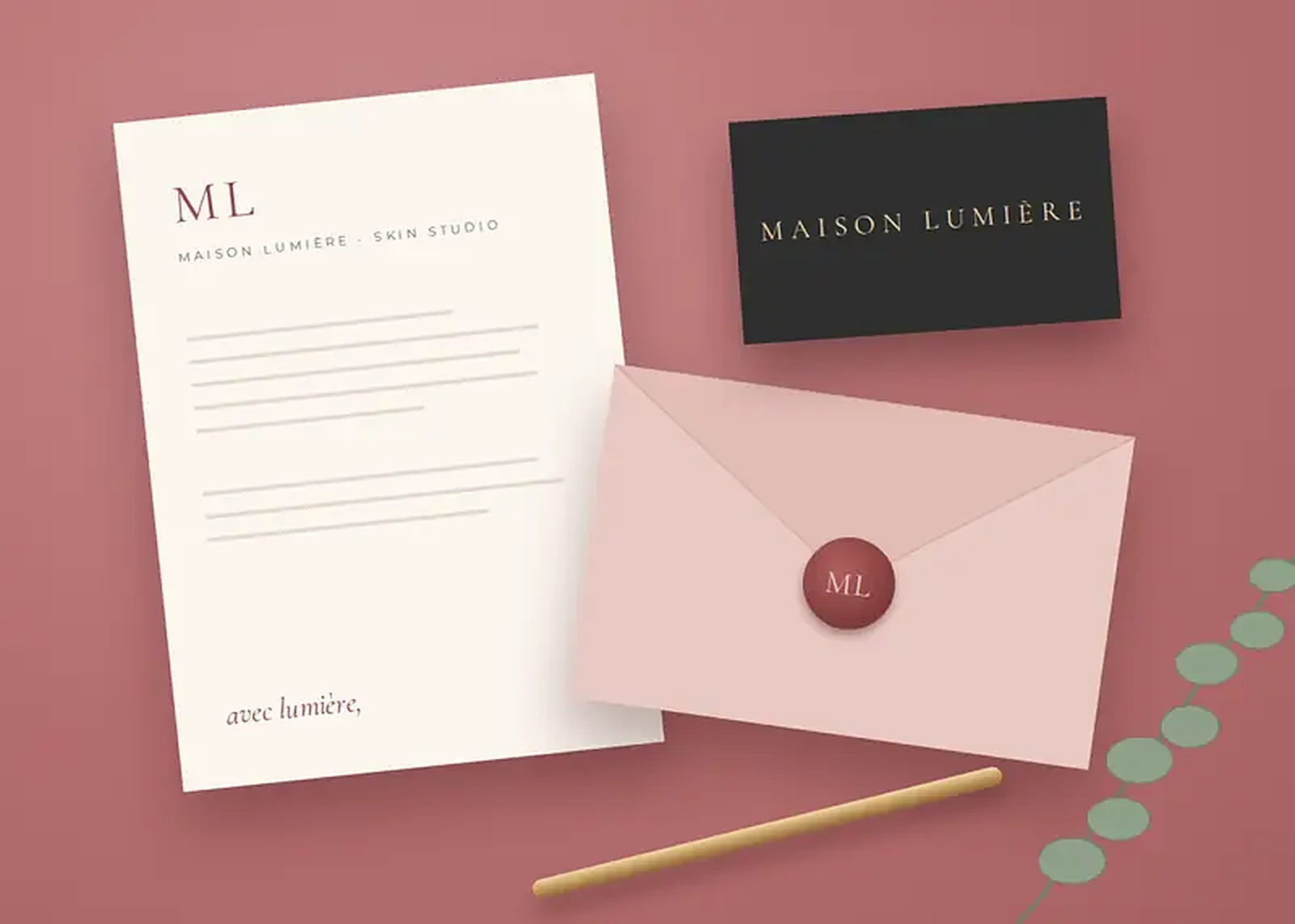 Maison Lumiere letterhead, business card and wax-sealed envelope