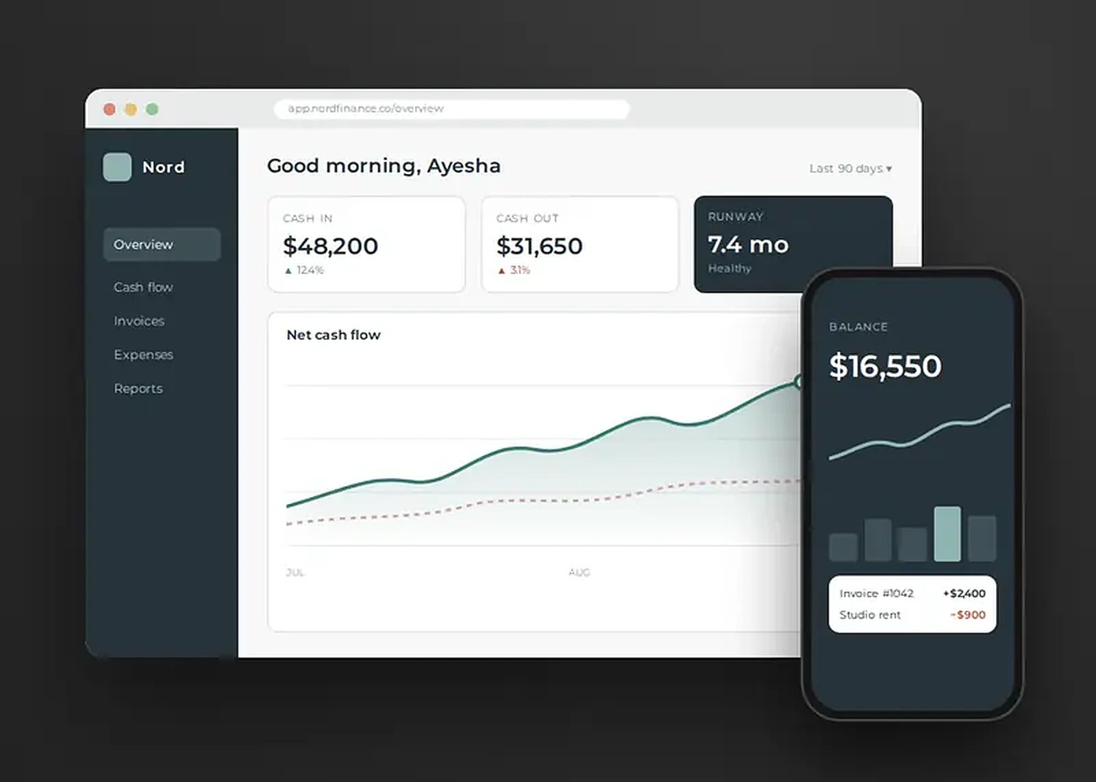 Nord Finance cash-flow dashboard on desktop with a mobile view