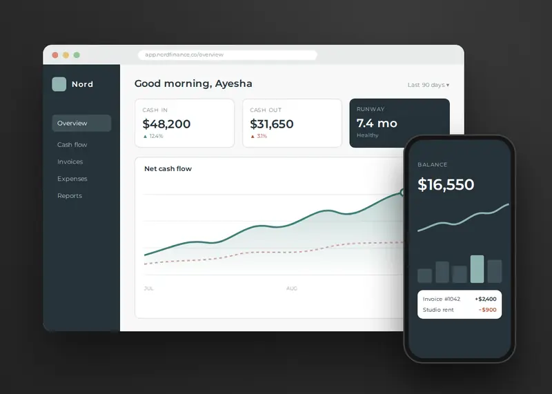 Nord Finance cash-flow dashboard on desktop with a mobile view