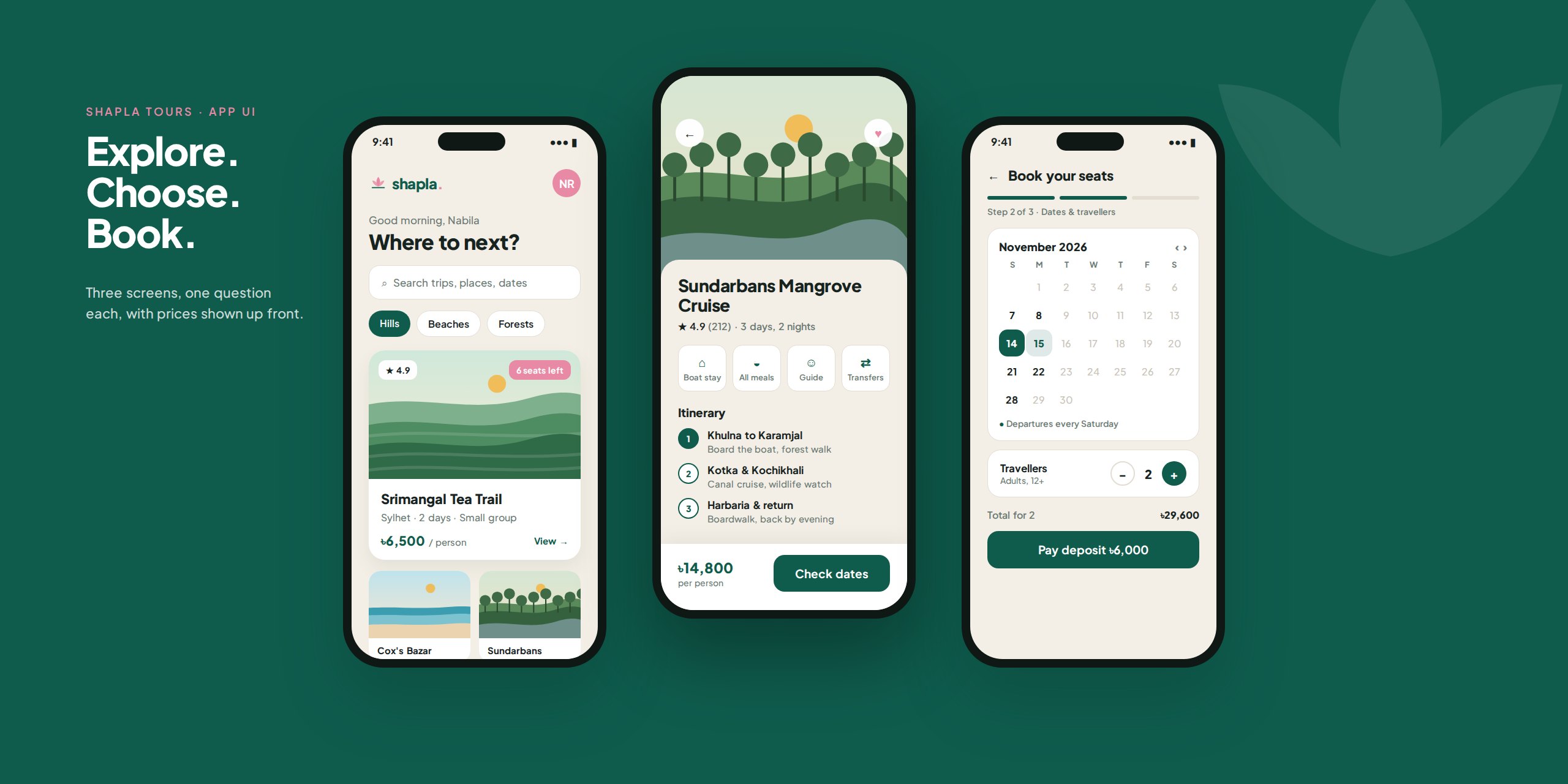 Shapla Tours App: Explore, trip details and booking screens.