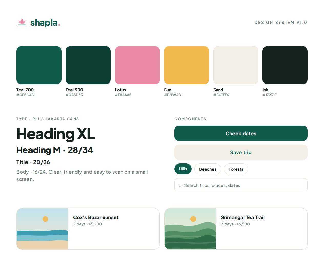 Shapla Tours App: Design system: colour, type, buttons and trip cards.