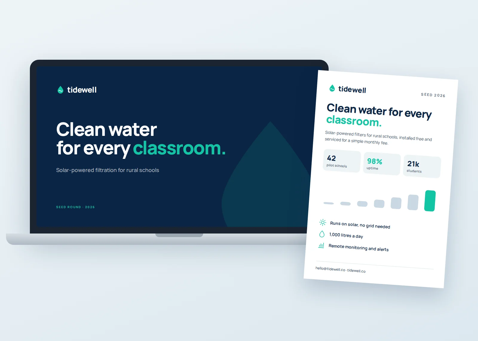 Tidewell Pitch Deck: The title slide on screen and the printed one-pager.